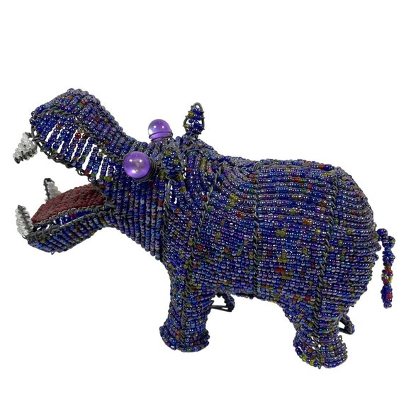 South Africa Hippo African Art Wire Blue Beaded Hippopotamus Handmade Sculpture - Picture 2 of 12